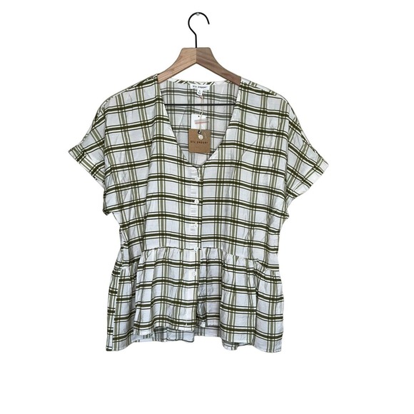 NWT Blu Pepper Sz L Peplum Button Top Short Sleeve Oversize White Olive Green - Picture 1 of 7